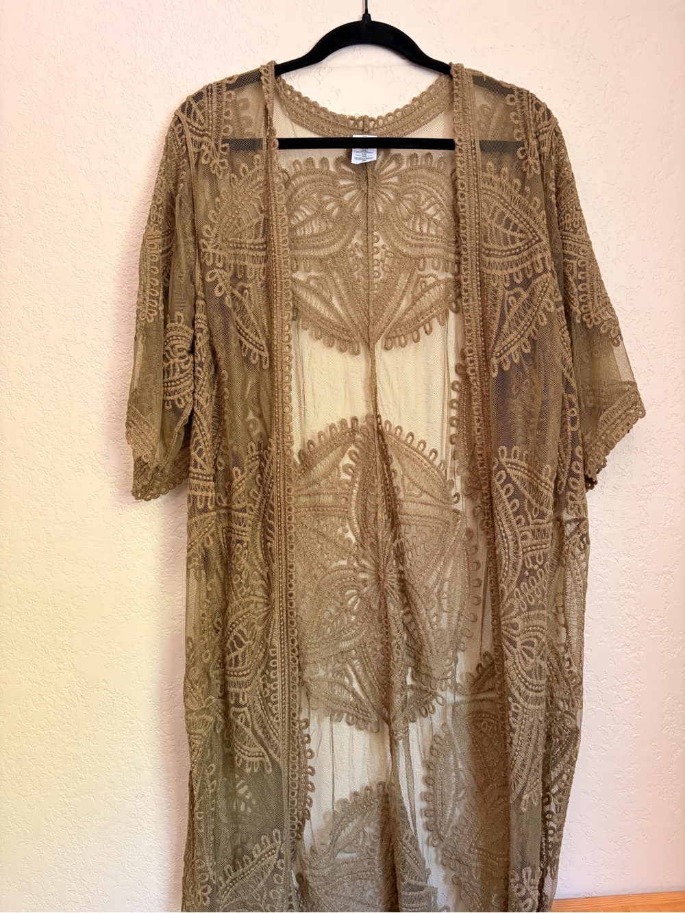 Time and Tru Olive Sheer Lace-Embroidered Kimono Cover-Up